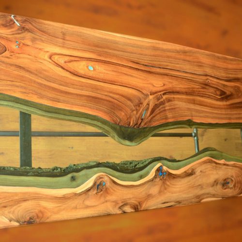 Modern dining table with glowing resin fillin walnut wood with glass 'river', gas pipe 1" legs