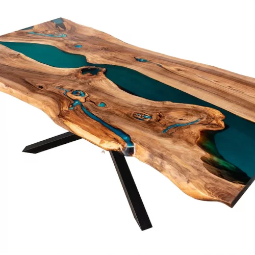 Live edge resin river dining table with turquoise / teal / emerald resin river  and real turquoise stones placed in resin