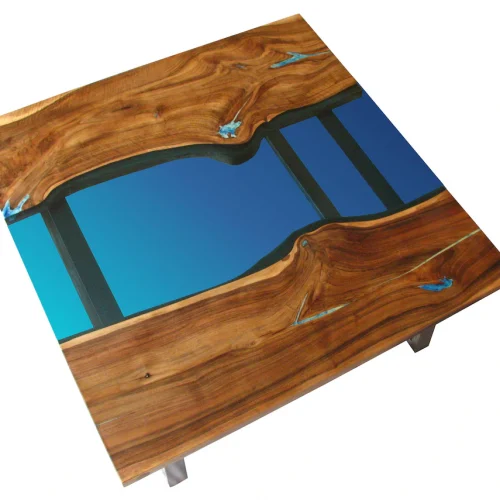 Square epoxy resin river coffee table with glowing resin fillin - bushed legs