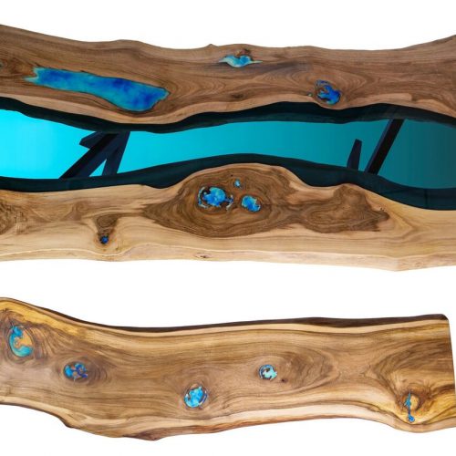 Double Live edge river dining table with bench river glass and glowing resin fill in