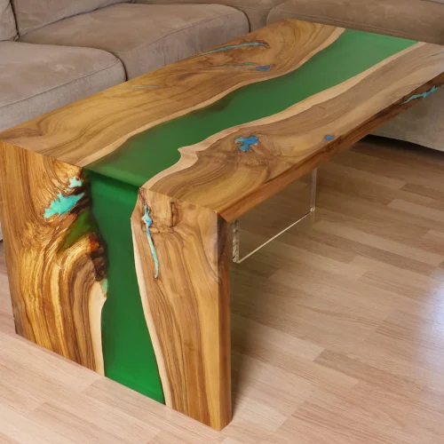 Waterfall live edge river coffee table with plexiglass leg and glowing resin