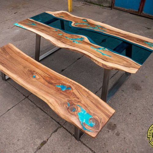 Live edge river glass dining table with bench and glowing resin fill in, steel legs