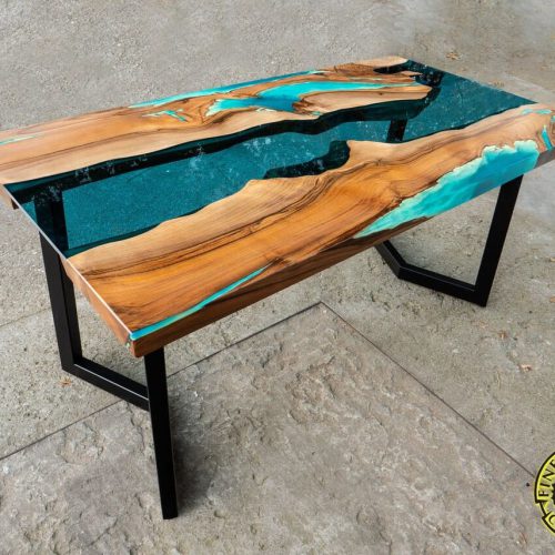 Live edge 3D effect river dining table with turquoise glowing resin, walnut wood