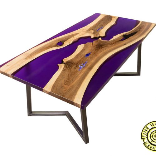 Dining resin table purple with glowing resin, walnut wood