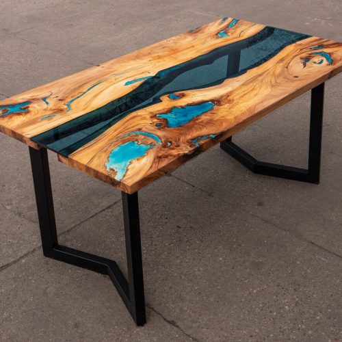 River glass dining elm table with turquoise glowing resin