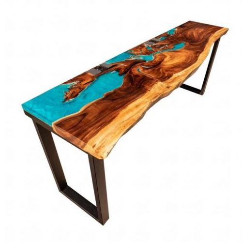 Desk / workbench with epoxy resin and live edge made of suar wood