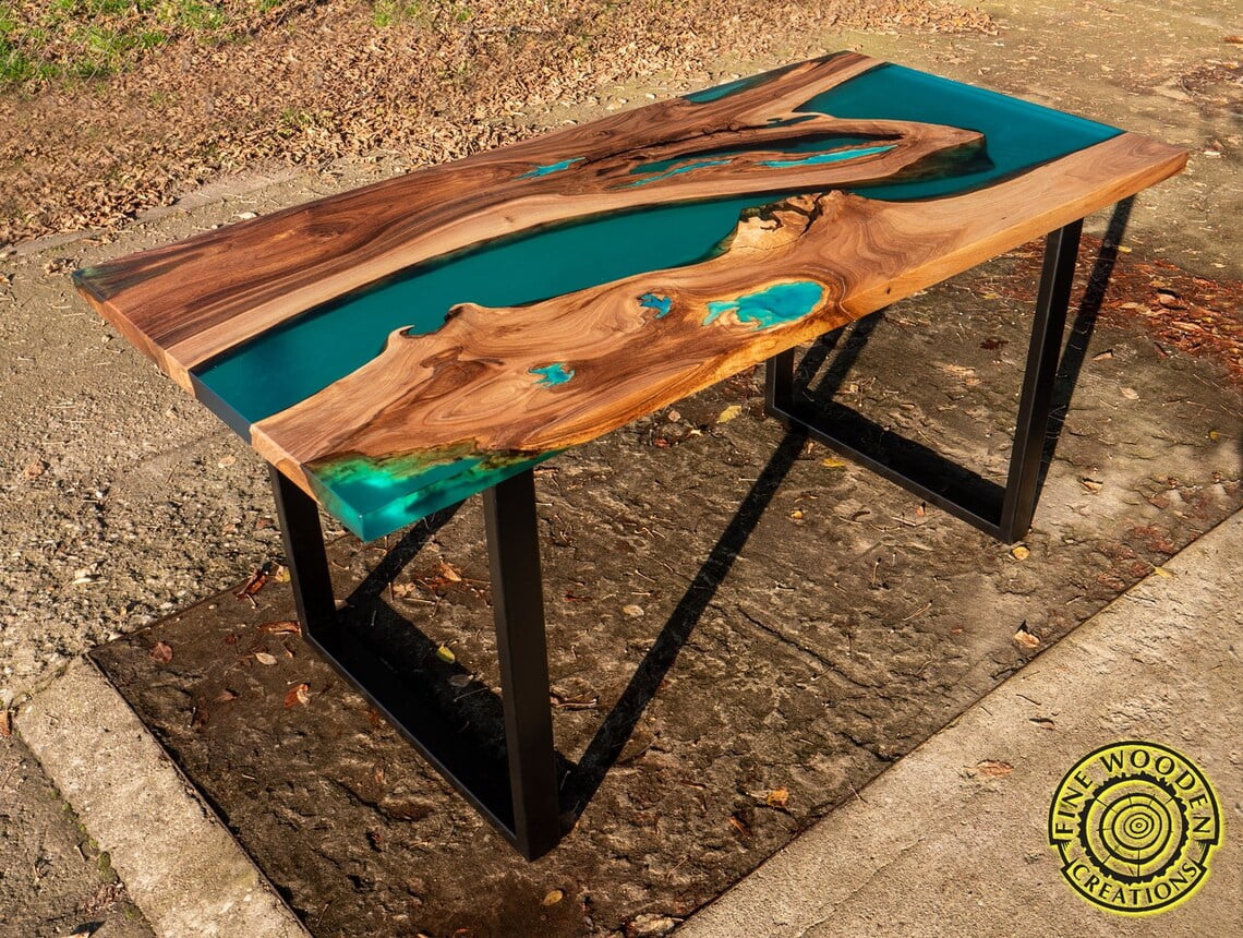 Turquoise resin dining table with glowing inlay - Fine Wooden Creations
