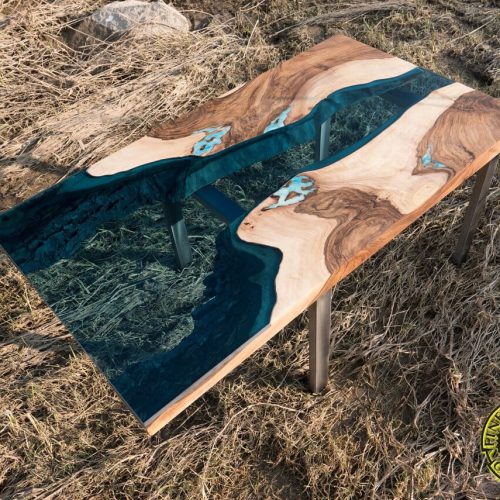 Wide glass river "delta" coffee table, walnut wood, glowing in the dark epoxy resine