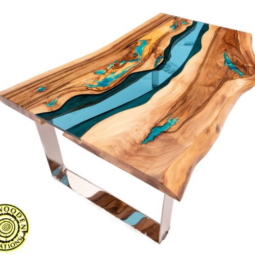 Live edge river coffee table 'Three stones' with glowing resin fillin and natural turquoise stones