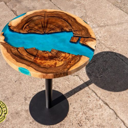 Round bar table with resin turquoise river on a Dalston style leg