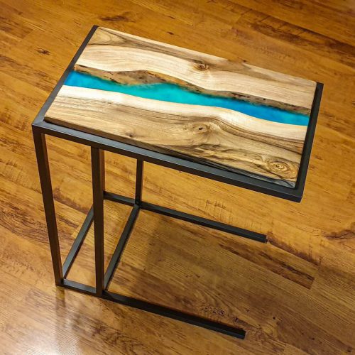 "Thunderstorm" walnut wood Bed side end resin table with glowing resin, industrial style legs