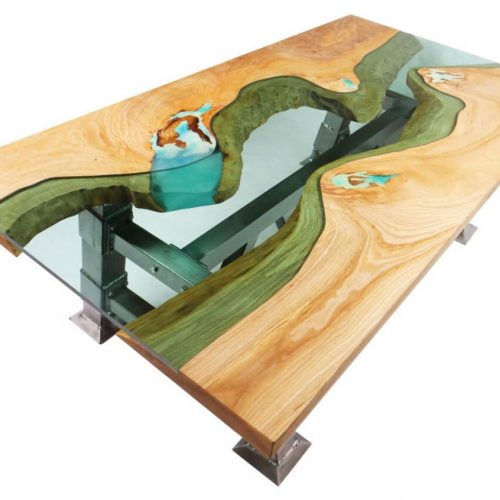 Bridge - coffee table with glowing resin and solid legs base