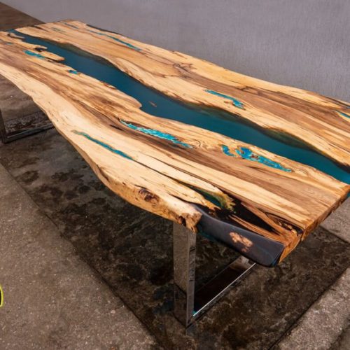 Live edge resin river dining table with turquoise glowing resin / elm wood