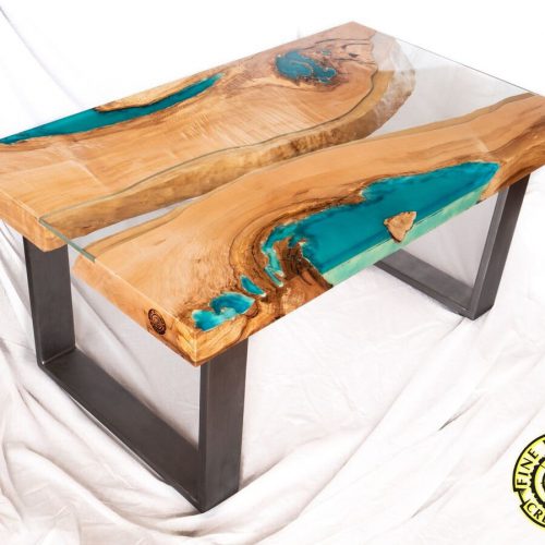 DEEP BLUE - Bright ash coffee table with 3D glowing resin