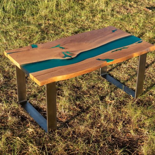 Live edge river oak coffee table with glowing resin fillin