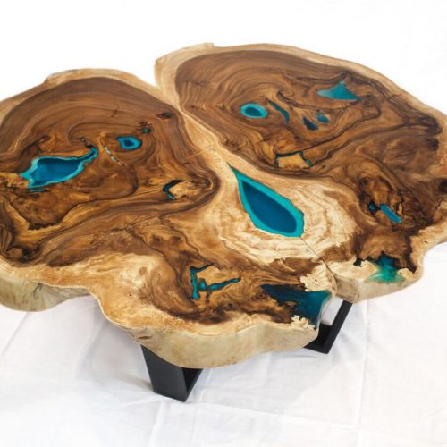 Round live edge coffee table exotic SUAR wood with glowing resin fillin