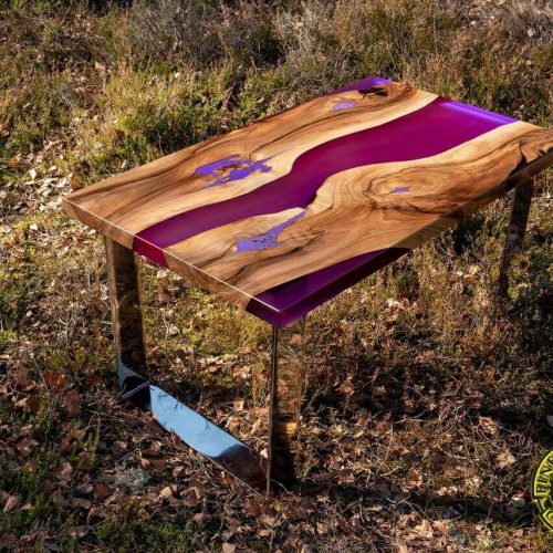 Deep purple resin coffee table with glowing resin and stainless steel legs
