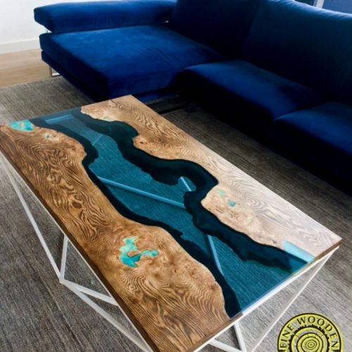 Ash "Blue Bay" glass river coffee table with white legs base