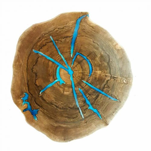 Round live edge coffee table with glowing resin fill / hairpin cooper legs dark walnut wood