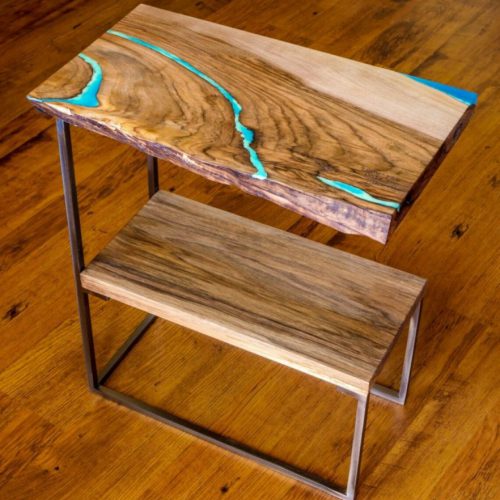 Bed side end table bookshelf with glowing resin