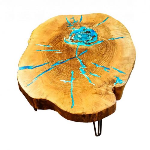 Round live edge coffee table with glowing resin fillin/hairpin cooper legs ash wood
