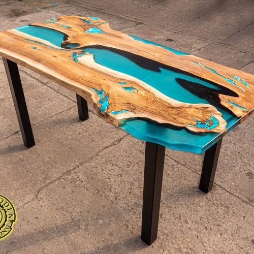 Live edge epoxy resin river dining table with led lighting and batteries with natural light turquoise glowing resin, bar height