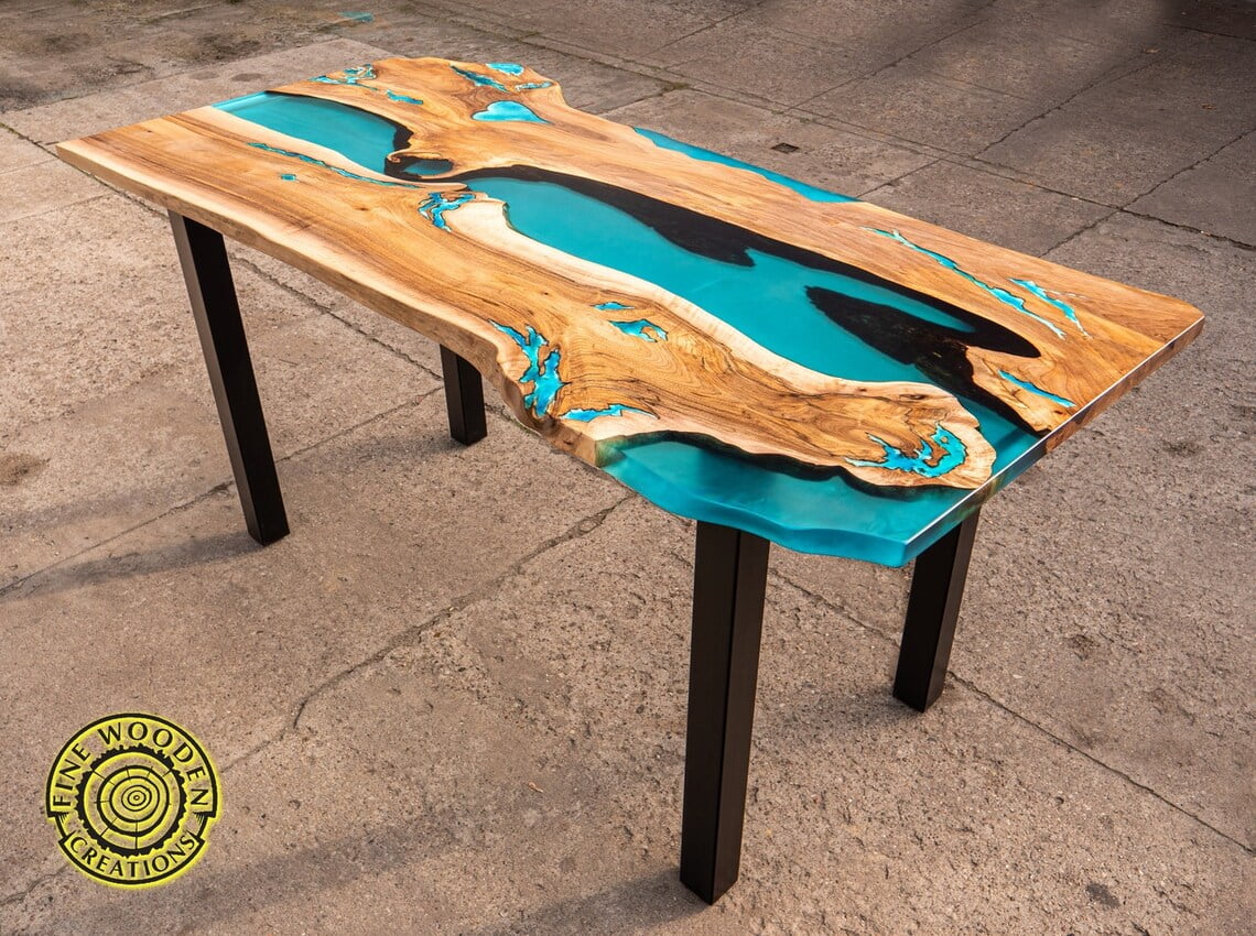 Live edge epoxy resin river dining table with led lighting and batteries  with natural light turquoise glowing resin, bar height - Fine Wooden  Creations