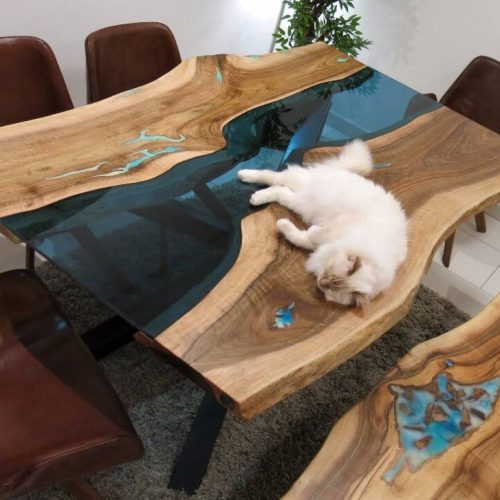 White Oreo - live edge river dining table with bench and glowing resin fillin