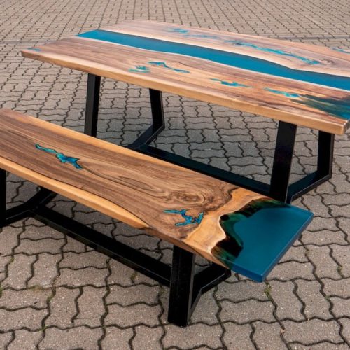 Epoxy resin river dining table with bench, walnut wood, turquoise resin, glowing resin, modern style