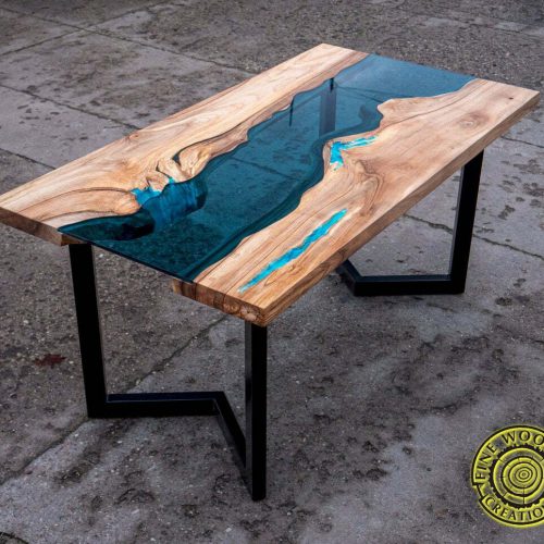 River glass live edge dining walnut table with turquoise glowing resin, ice berg, black powder painted legs