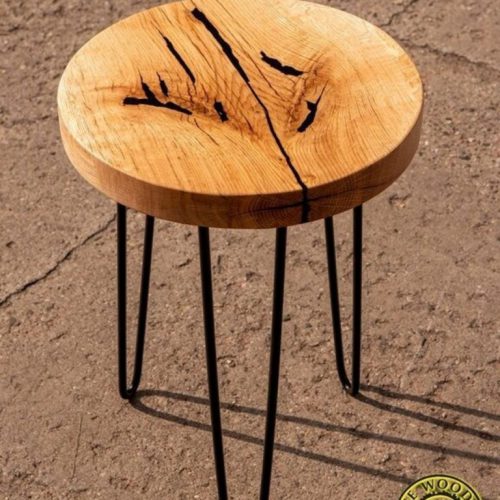 Round oak wood coffee / end table / stool with black / resin