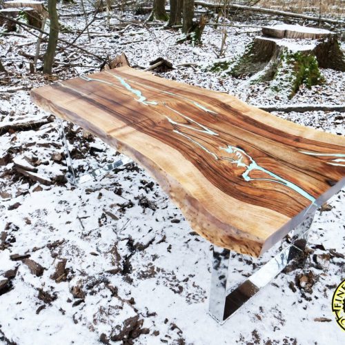 Live edge coffee table „Blue winter” stainless steel legs, walnut wood