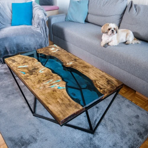 Amazing modern glass river coffee table with glowing resin on metal industrial legs