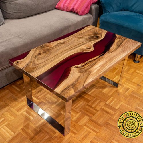 Deep purple resin coffee table with stainless steel legs