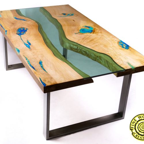 Bright ash green glass river coffee table with glowing resin