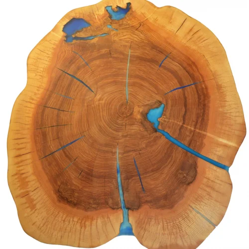 Round live edge coffee table with glowing resin fillin/hairpin cooper legs