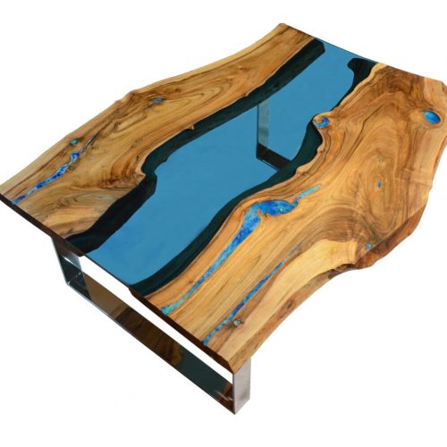 Live edge river coffee table with glowing resin fillin and natural turquoise stone