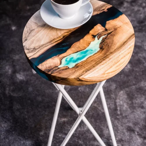 Round walnut bedside / coffee table / end table with blue resin and glowing resin