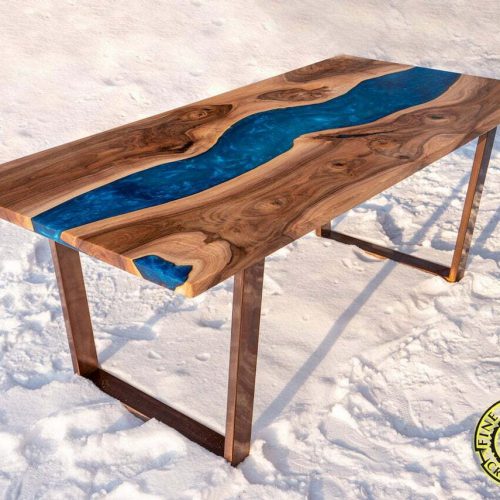 BIG pearl turquoise dining epoxy resin table, walnut wood, copper legs