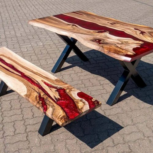 Epoxy resin dinning set river dining table with bench, walnut wood, red pearl resin, modern style, X farm style legs