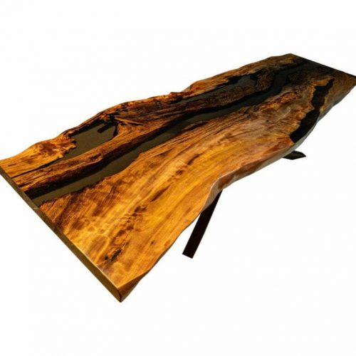 Live edge dining table with grey resin made of guawa exotic wood