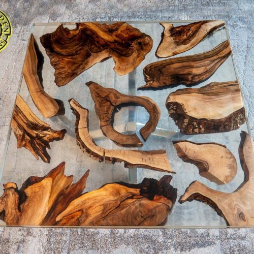 Square resin and walnut coffee table with transparent crystal clear epoxy resin and mirror-polished stainless steel legs